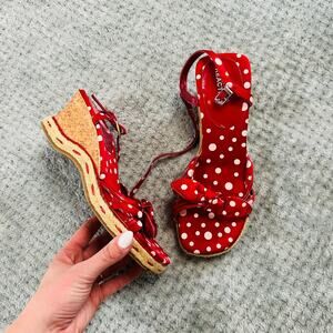 vintage retro Y2K red/white polka dot country cottage core wedge heel sandals 6